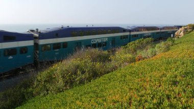 Del Mar, Kaliforniya ABD - 23 Ocak 2020: Coaster treni, Pasifik Okyanusu sahili boyunca seyahat edin. Yolcu treni, toplu taşıma. Hızlı şehirlerarası çift katlı mavi banliyö aracı. NCTD demiryolu taşımacılığı.