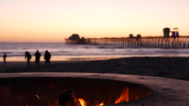 Campfire pit in California USA. Camp fire on twilight ocean beach, bonfire flame by sea water waves. — Stock Video