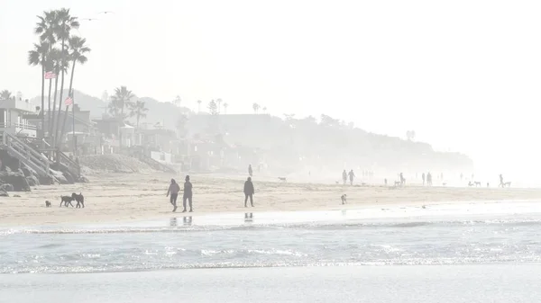 Άνδρες και γυναίκες στην παραλία του ωκεανού. Οι άνθρωποι περπατούν και εκπαιδεύουν κατοικίδια. Ντελ Μαρ, Καλιφόρνια ΗΠΑ — Φωτογραφία Αρχείου