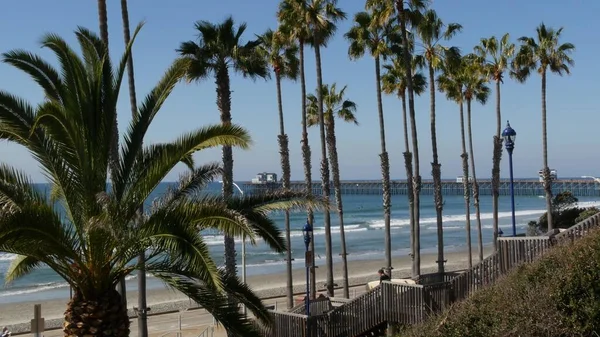 Pacific ocean beach, palm trees and pier. Surfer man with surfboard on stairs. Oside California USA — Stock Photo, Image