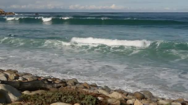 Ocean waves and rocks, Monterey, Northern California, EE.UU. 17 millas en coche cerca de Big Sur, balneario turístico de golf en Pacific Coast Highway. Salpicaduras de agua y brisa marina de la playa de guijarros. Viaje por carretera — Vídeo de stock