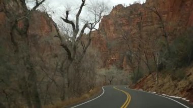 Yolculuk, Zion Canyon, Utah, ABD 'de araba kullanmak. Amerika 'da otostop çekmek, sonbahar seyahati. Kızıl uzaylı sarp kayalıkları, yağmur ve çıplak ağaçlar. Sisli hava ve sakin düşüş atmosferi. Arabadan görüntüle