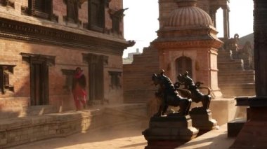 BHAKTAPUR, KATHMANDU, NEPAL - 18 Ekim 2018 Doğu antik kentinde deprem sonrası yaya trafiği. Ulusal giysili yerel newar insanları tapınağın yakınındaki sokaklara gidiyorlar..