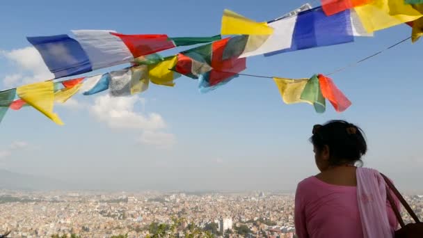 Kathmandu Nepal October 2018 Ethnic Woman Looking Cityscape View Waving — Stock Video