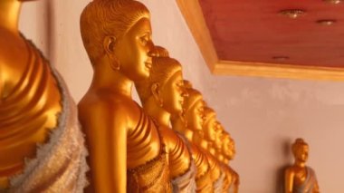 Bağışlar için kaseler aydınlanmışların ayaklarının dibinde duruyor. Meditasyon pozisyonu almış parlak sarı renkli heykeller var. Geleneksel Tayland modellerindeki heykeller için. Tayland Tapınağı 'na bakış açısı