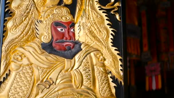 Dřevěné Brány Zdobené Tradiční Čínské Starověké Svaté Dveře Bohy Strážci — Stock video