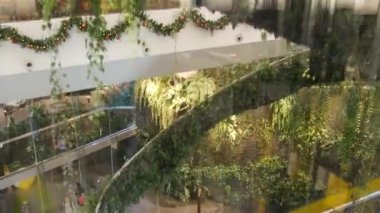 BANGKOK, THAILAND - 18 ARALIK, 2018 Emquartier Lüks Alışveriş Merkezi. Alışveriş merkezi tasarımı, yeşil çevre dostu konsept. asma bahçesi, fütüristik ekolojik mimari. Modern şehir. Yürüyen merdiven