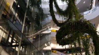 BANGKOK, THAILAND - 18 ARALIK, 2018 Emquartier Lüks Alışveriş Merkezi. Alışveriş merkezi tasarımı, yeşil çevre dostu konsept. asma bahçesi, fütüristik ekolojik mimari. Modern şehir. Yürüyen merdiven