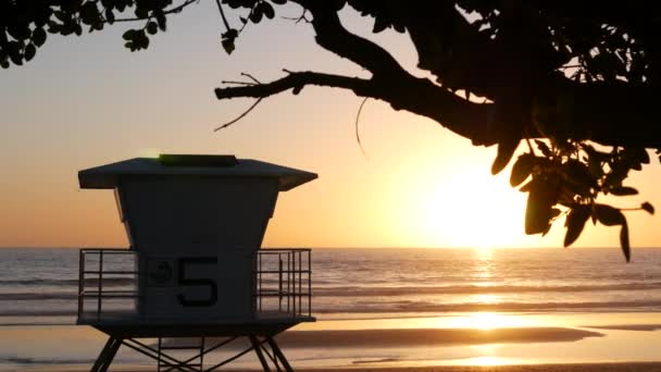 Strandwacht toren zonnig zonsondergang strand. Wachttoren hut, Stille Oceaan kust. Californië zomertijd — Stockvideo