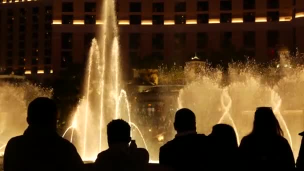 Las Vegas Nevada Usa Dec 2019 人们在晚上观看贝拉吉奥喷泉的音乐表演 对比轮廓和闪耀的舞动的流水 赌城娱乐节目 — 图库视频影像