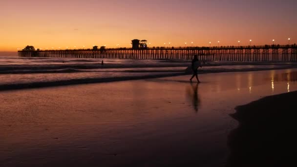 Oceanside Kalifornien Usa Feb 2020 Surfarsiluett Stillsam Havsstrand Kvällen Vattenvågor — Stockvideo