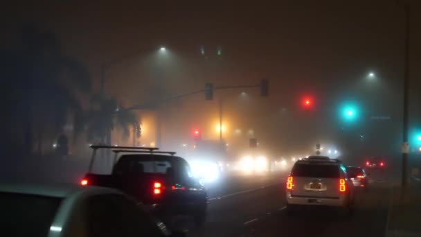 Vista California Usa 2020年1月24日 海上層 夜間の車道横断道路上の濃霧 6月グロム 霧の星雲悪天候 道路交差点で危険な低視認性 交通安全 — ストック動画