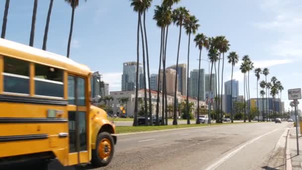 美国加利福尼亚州圣地亚哥 2020年1月31日 美国黄色校车在市中心的街道上 校车在公路上 洛杉矶附近的城市 教育交通基础设施 公民中心 — 图库视频影像