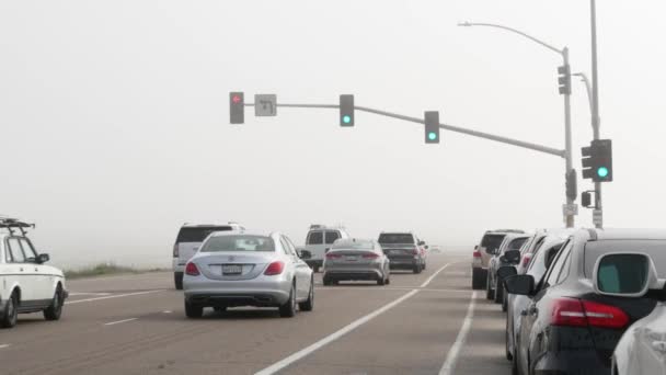 Encinitas Kalifornien Usa Feb 2020 Trafikljussemafor Motorväg 101 Vid Dimmig — Stockvideo