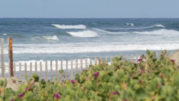 Duże fale przypływu na plaży, wybrzeże Kalifornii USA. Wybrzeże Oceanu Spokojnego, płot na brzegu morza. — Wideo stockowe