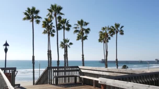 Escaleras de madera, acceso a la playa en California EE.UU. Escalera costera, olas del océano Pacífico y palmeras. — Vídeos de Stock