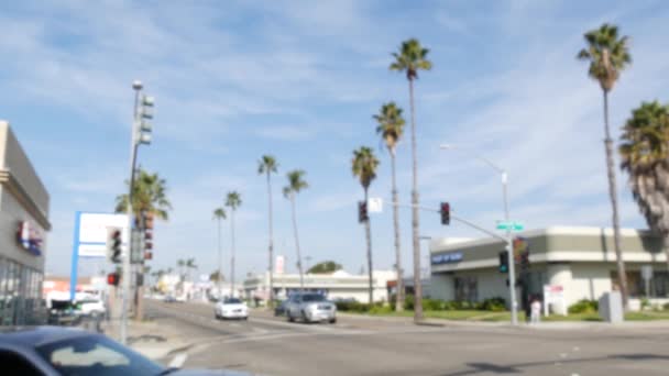 Palmen am Highway 101, Pazifikküste, Oceanside, Kalifornien USA. Kreuzung Vorstadtstraße. — Stockvideo