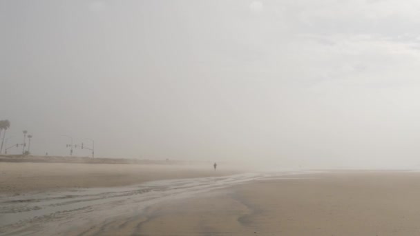 Praia nebulosa arenosa Califórnia EUA. Oceano Pacífico costa densa nevoeiro na costa do mar. Névoa de fumo leitoso — Vídeo de Stock