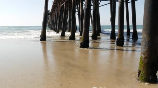 Wooden piles under pier in California USA. Pilings, pylons or pillars below bridge. Ocean waves tide — Stock Video