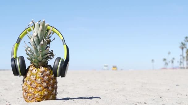 Abacaxi em fones de ouvido, costa de praia de oceano arenoso. Fruta exótica de verão tropical. Ananas em terra. — Vídeo de Stock