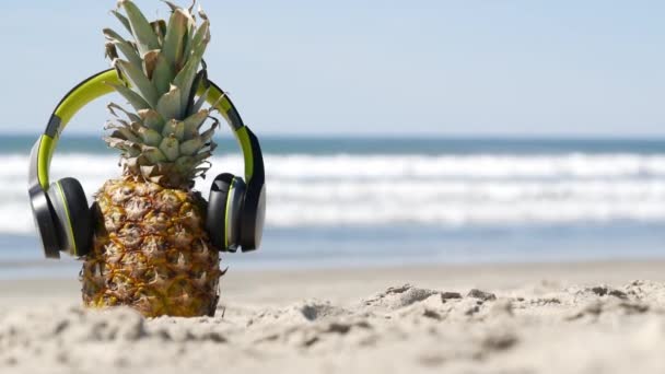 Ananas w słuchawkach, piaszczyste wybrzeże oceanu. Tropikalny letni egzotyczny owoc. Anany na lądzie. — Wideo stockowe