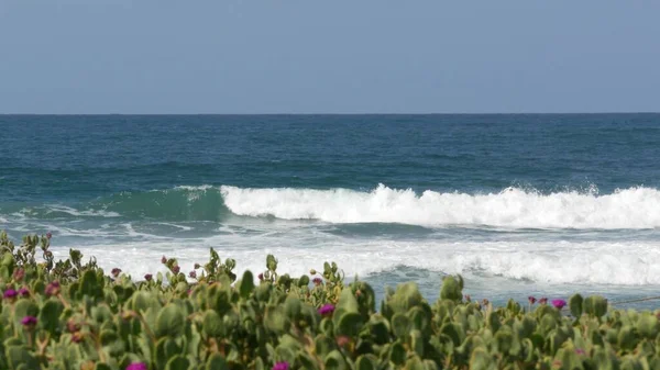 Valuri mari de maree albastre pe plajă, California, Statele Unite ale Americii. Coasta oceanului Pacific, verdeață pe malul mării . — Fotografie, imagine de stoc