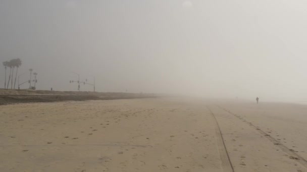 Homokos ködös strand Kalifornia USA. Csendes-óceáni part sűrű köd a tengerparton. Tejszerű szmog véraláfutás köd — Stock videók