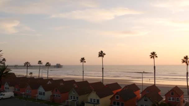 Telapak tangan dan matahari terbenam langit, estetika California. Getaran Los Angeles. Penjaga menara penyelamat, penjaga menara pondok — Stok Video