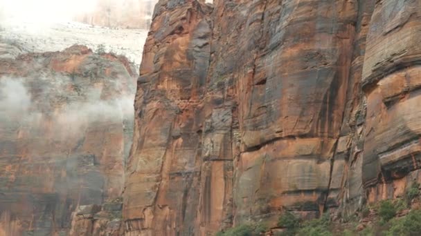 Vägresa, bilkörning i Zion Canyon, Utah, USA. Liftar i Amerika, höstresa. Röda utomjordiska branta klippor, regn och kala träd. Foggy väder och lugn höst atmosfär. Utsikt från bilen — Stockvideo