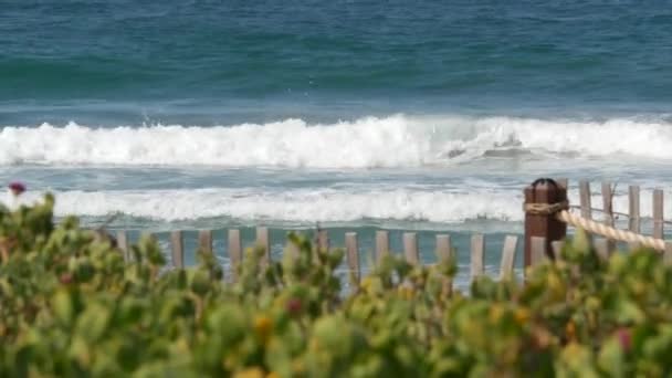 Stora vågor på stranden, Kaliforniens kustlinje USA. Stilla havets kust, staket vid havet. — Stockvideo