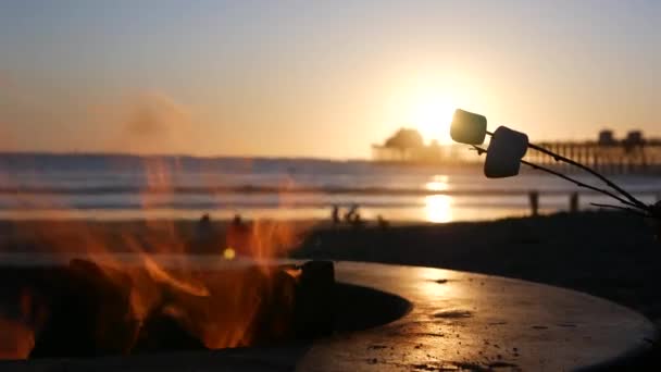 Tempat api unggun di California Amerika Serikat. Api unggun di pantai laut, memanggang roti marshmallow di atas api unggun. — Stok Video