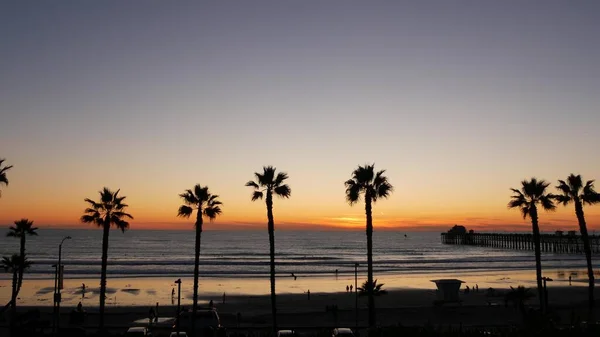 Palmy a soumračná obloha v Kalifornii USA. Tropický oceán pláž západ slunce atmosféru. Los Angeles vibes. — Stock fotografie