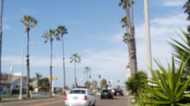 Palmeras en la carretera 101, costa pacífica, Oceanside, California, EE.UU. Intersección de carreteras de los suburbios. — Vídeos de Stock