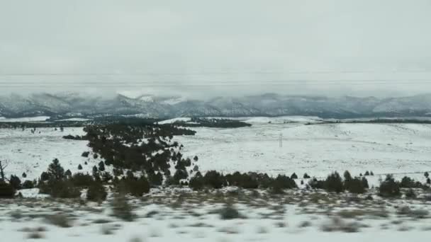 シオンからブライスキャニオンへの米国でのロードトリップ、ユタ州で自動車を運転。アメリカでのヒッチハイキング、ディキシー・フォレストへのルート89 。冬の地元の旅、穏やかな雰囲気と雪の山。車からの眺め — ストック動画