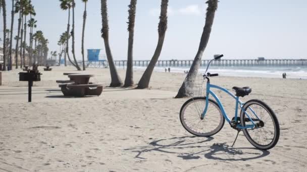 Велосипедный крейсер на берегу океана, Калифорния, побережье США. Летний цикл, хижина спасателя и пальма — стоковое видео