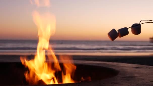 Hoyo de fogata en California USA. Fuego de campamento en la playa del mar océano, tostando malvavisco tostado en hoguera. — Vídeos de Stock