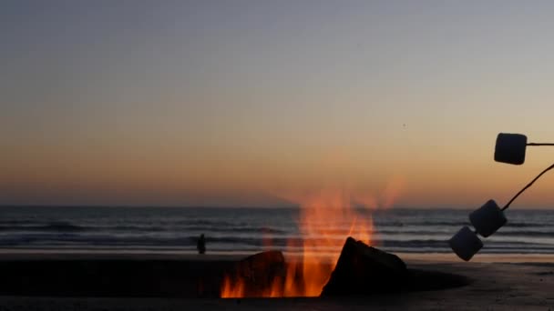 Hoyo de fogata en California USA. Fuego de campamento en la playa del mar océano, tostando malvavisco tostado en hoguera. — Vídeos de Stock