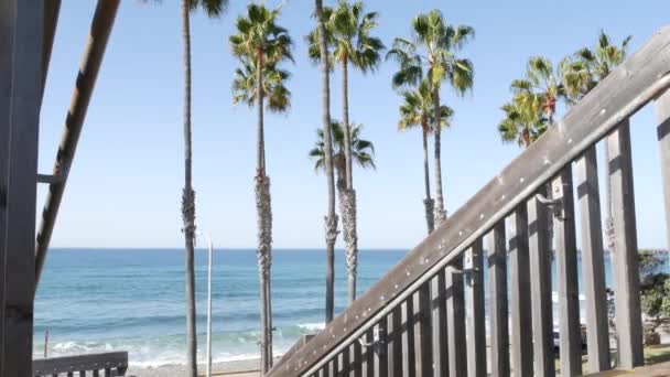 Ξύλινες σκάλες, πρόσβαση στην παραλία στην Καλιφόρνια των ΗΠΑ. Παράκτια κλιμακοστάσια, κύματα του Ειρηνικού Ωκεανού και φοίνικες. — Αρχείο Βίντεο