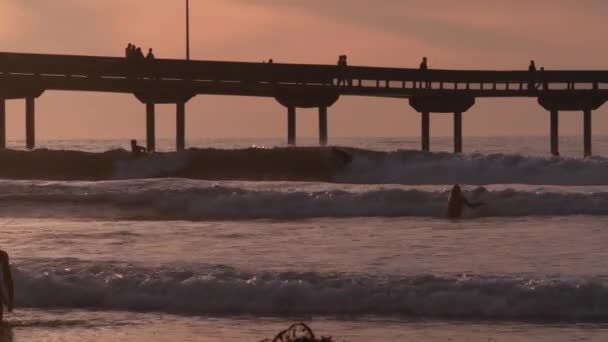 カリフォルニア州サンディエゴ 2020年11月21日 日没の山の上でオーシャンビーチ桟橋でサーフィンする人々 波のサーフボード上のサーファー 太平洋岸や海岸での休暇 レクリエーションスポーツ趣味 — ストック動画