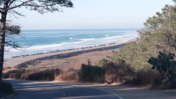 カリフォルニア州サンディエゴ 2020年12月2日 高速道路101号線 フレミング観光トレイルのレンジャートラック車 トーリー パインズ州立公園 太平洋岸高速道路による海の波 エコツーリズム ハイキング トレッキング — ストック動画