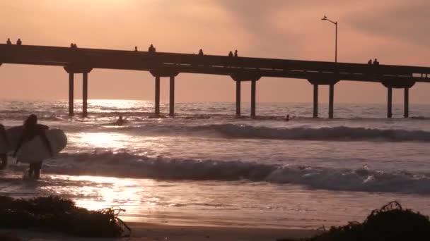 カリフォルニア州サンディエゴ 2020年11月21日 日没の山の上でオーシャンビーチ桟橋でサーフィンする人々 波のサーフボード上のサーファー 太平洋岸や海岸での休暇 レクリエーションスポーツ趣味 — ストック動画