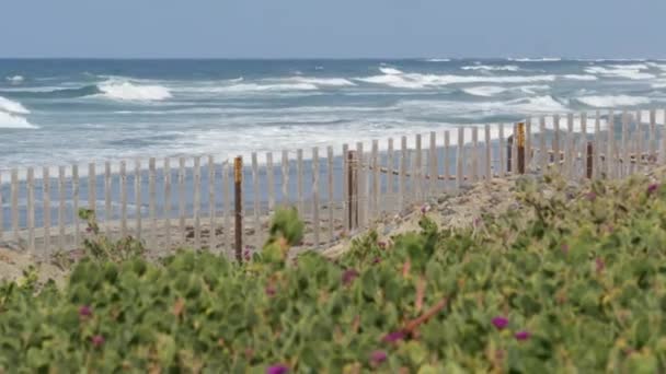 Grandes olas de marea en la playa, costa de California, EE.UU. Costa del océano Pacífico, cerca de piquetes en la orilla del mar. — Vídeos de Stock