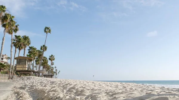 미국 캘리포니아의 해변, 백사장에 있는 야자나무들 입니다. 구명 탑, 감시탑 오 두 막. — 스톡 사진