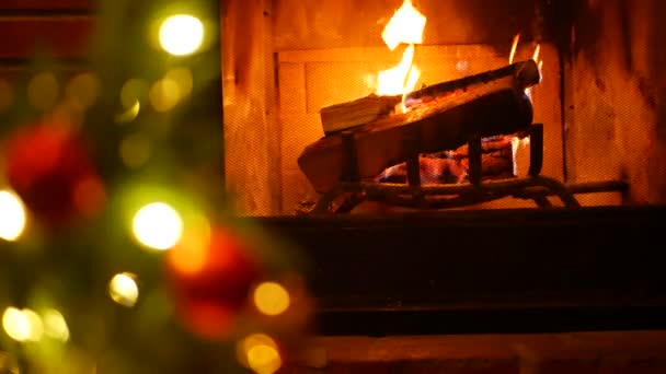 Χριστουγεννιάτικα φώτα δέντρο με φωτιά στο τζάκι, Πρωτοχρονιά ή Χριστούγεννα διακόσμηση από πεύκο. — Αρχείο Βίντεο