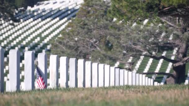 Nagrobki i amerykańska flaga, narodowy cmentarz wojskowy w USA. — Wideo stockowe