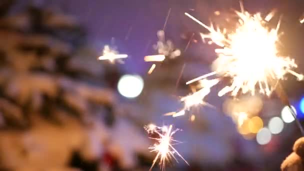 Sparkler fuegos artificiales quema, árbol de Navidad en la nieve, Año Nuevo o Navidad bengala luz — Vídeo de stock