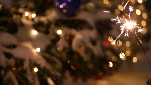 Sparkler fuegos artificiales quema, árbol de Navidad en la nieve, Año Nuevo o Navidad bengala luz — Vídeos de Stock