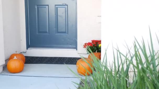 Bahçedeki mavi kapının önünde balkabağı Cadılar Bayramı dekoru. Kapıda bir lamba var. — Stok video
