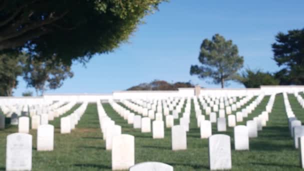 Defocused grafstenen, Amerikaanse militaire begraafplaats, kerkhof in de VS. — Stockvideo