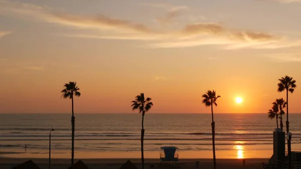 Palmy a zapadající obloha, kalifornská estetika. Los Angeles vibruje. Záchranná strážní věž, strážní věž. — Stock fotografie
